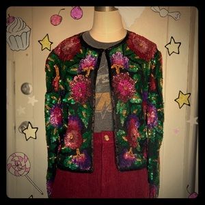 Rad vintage floral  silk sequin jacket sz L